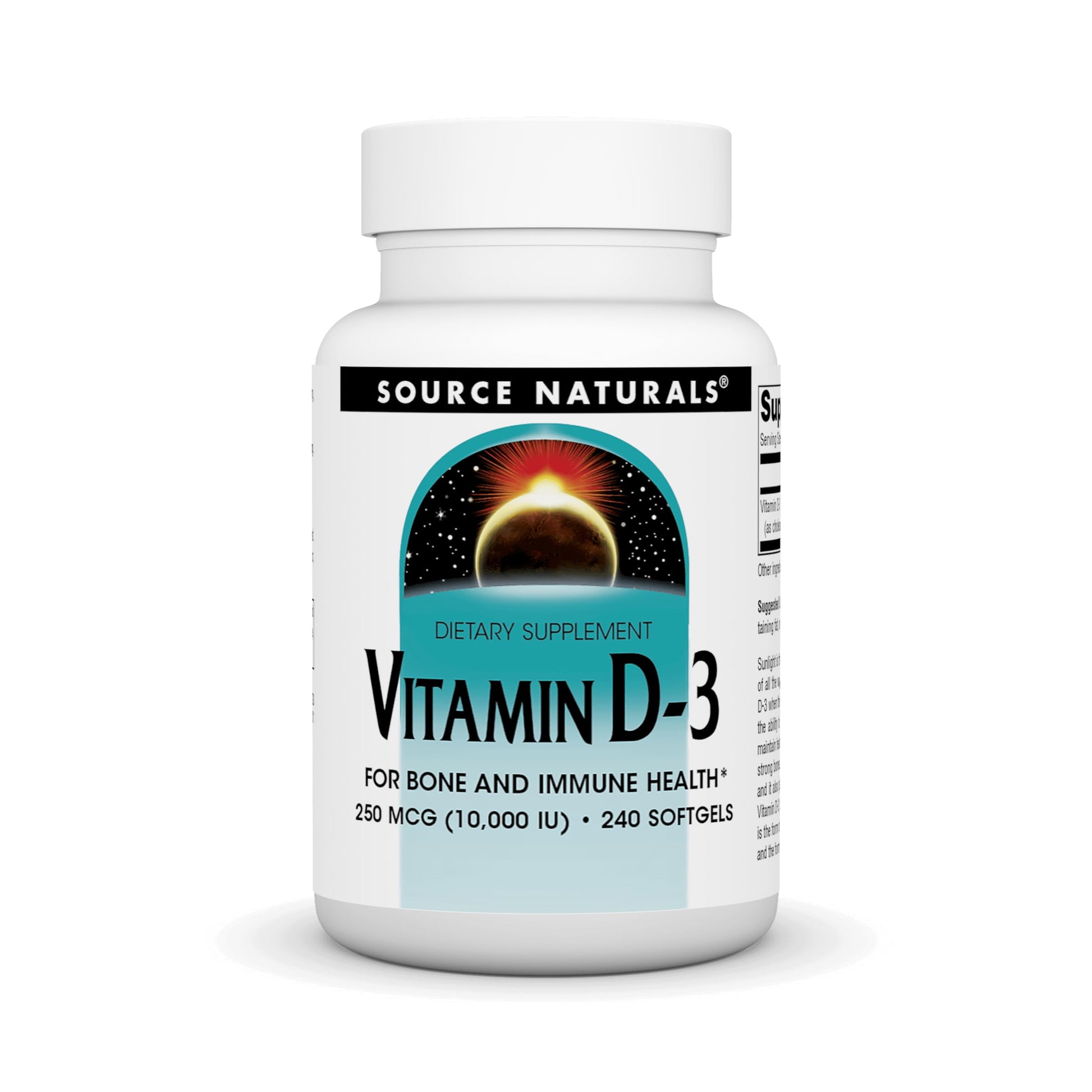 Frasco Source Naturals Vitamina D-3 10,000 IU 240 cápsulas blandas