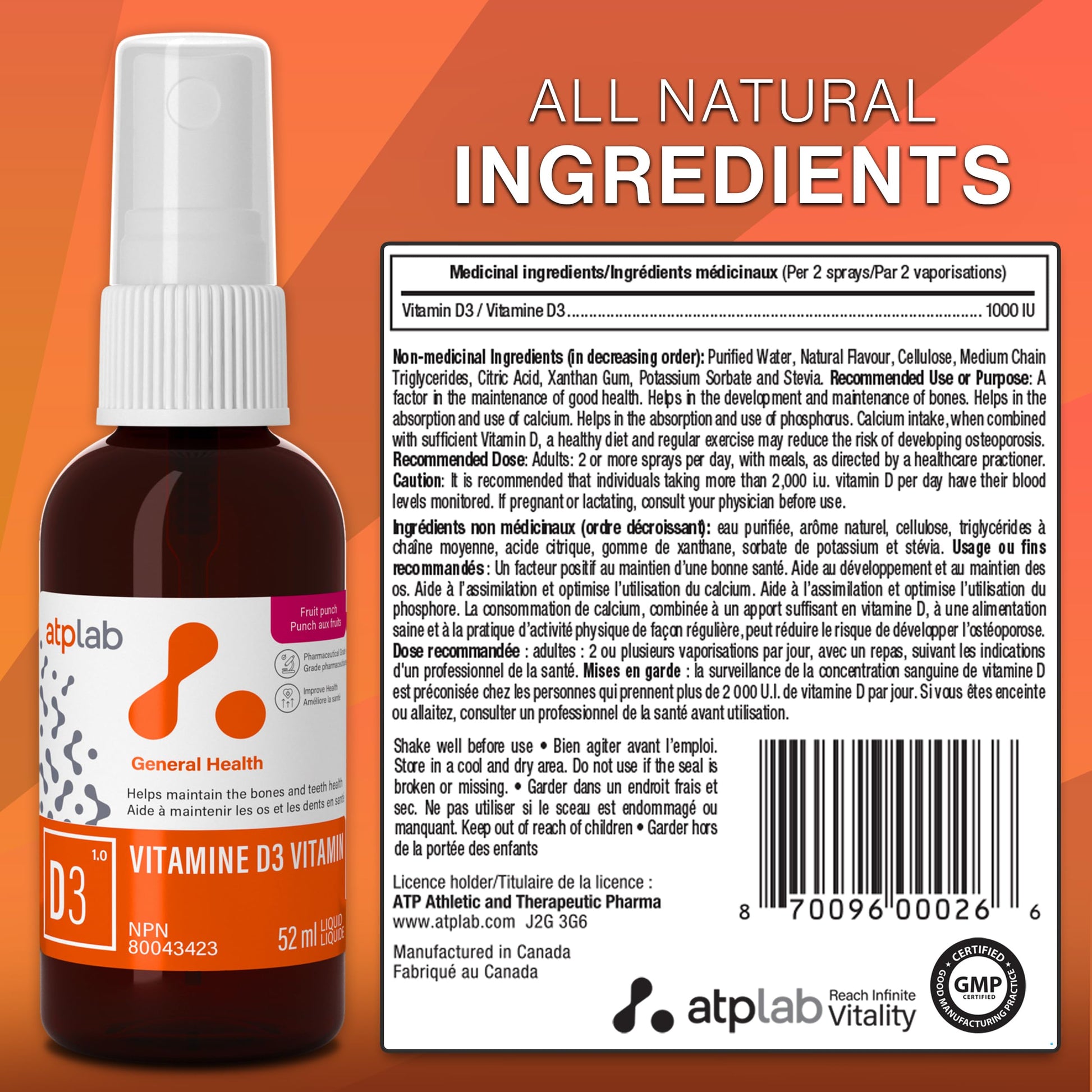 Frasco spray vitamina d3 para soporte de huesos ATP LAB