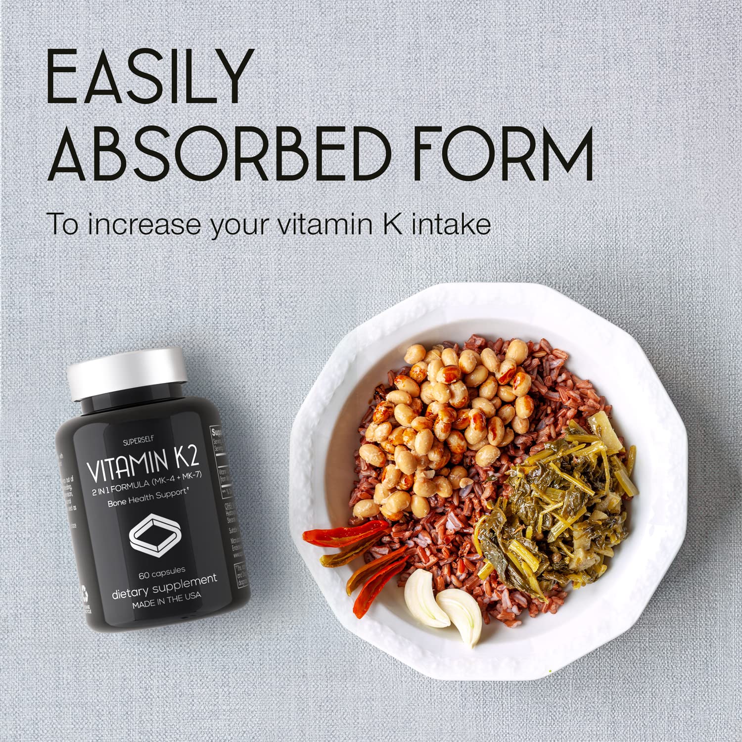 Frasco SuperSelf vitamina K2 100 mcg MK-7 MK-4 60 cápsulas
