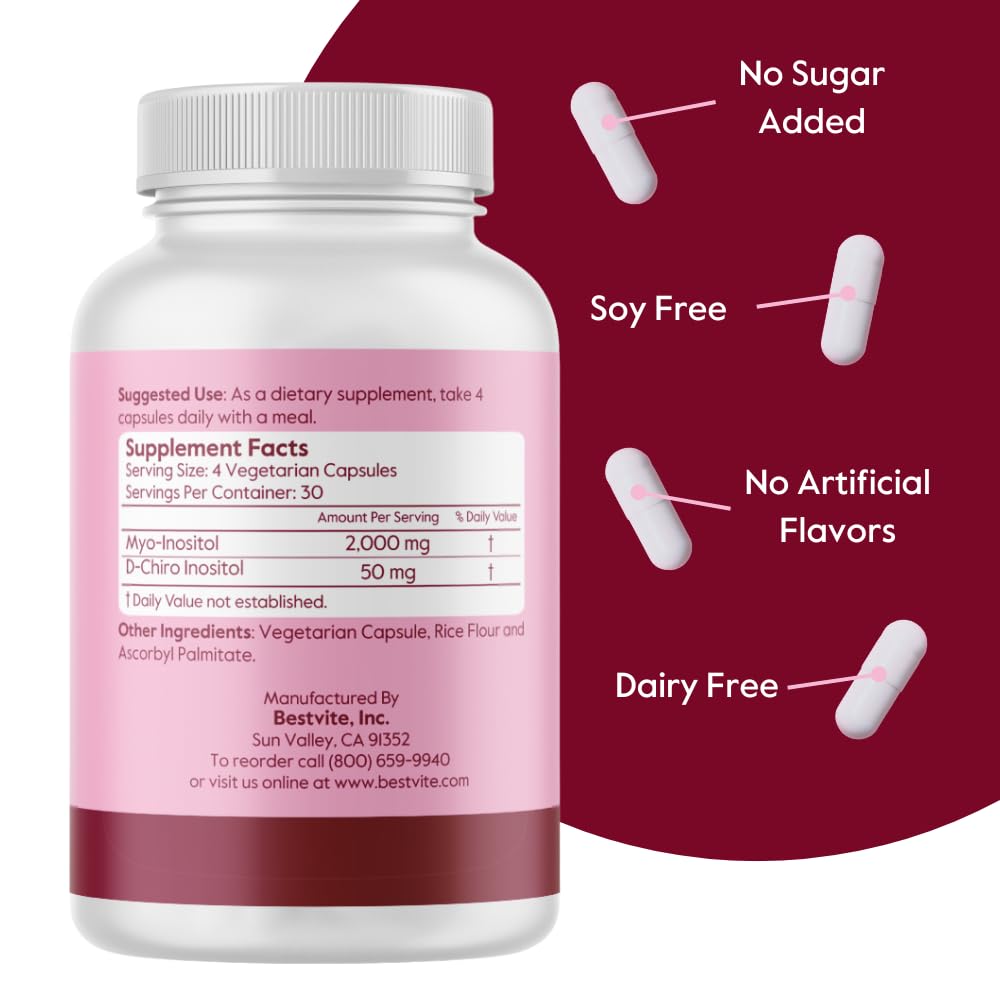 Frasco suplemento Bestvite inositol vegano sin gluten 120 cápsulas