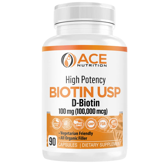 Frasco suplemento Biotina alta potencia Ace Nutrition 100000mcg