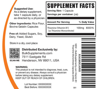 Frasco suplemento BulkSupplements mononitrato de tiamina
