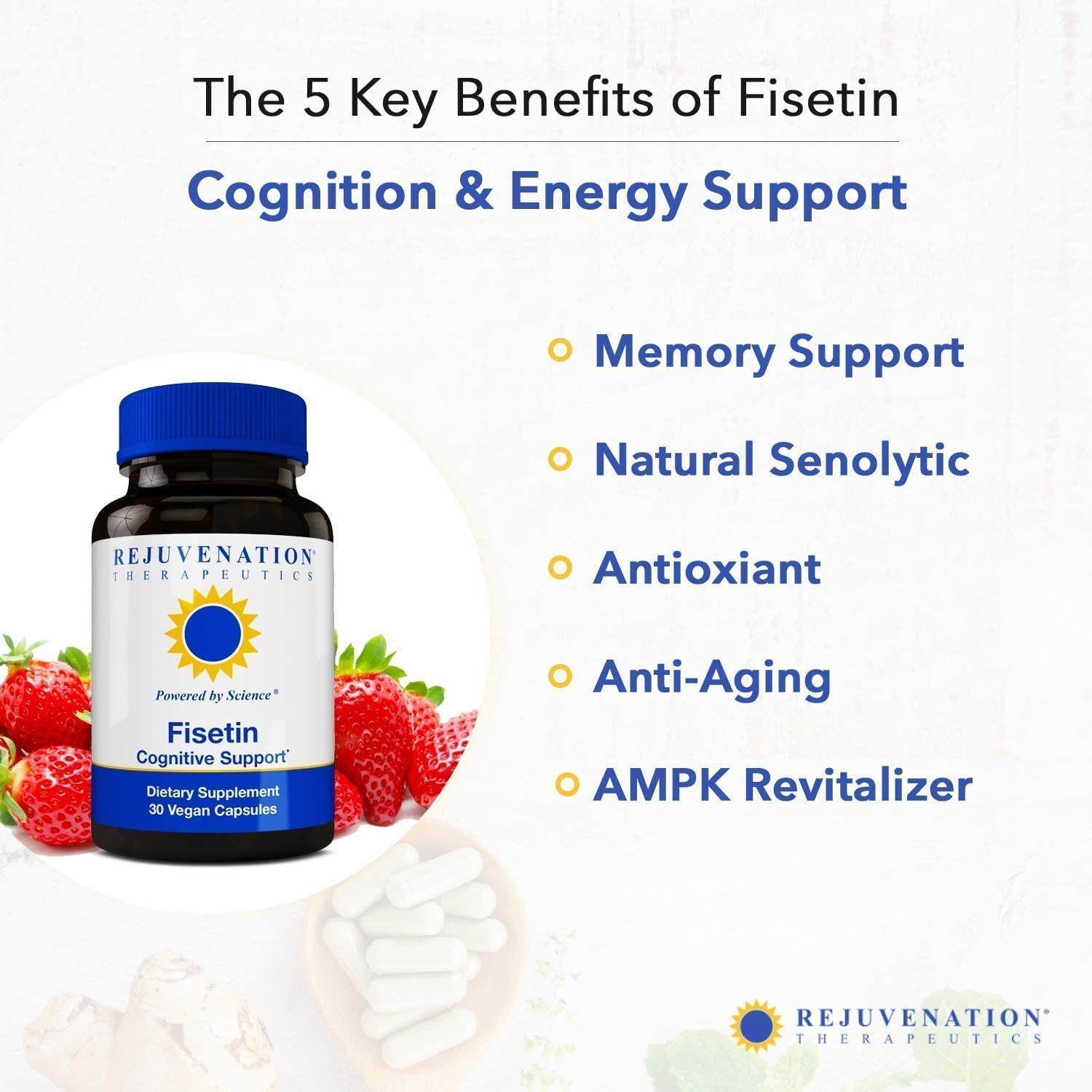 Frasco suplementario Fisetina y vitamina D3 Rejuvenation Therapeutics