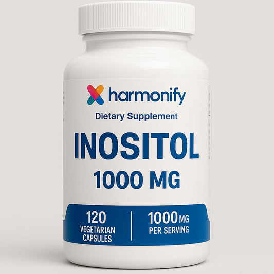 Frasco de suplemento HARMONIFY inositol 100 cápsulas veganas