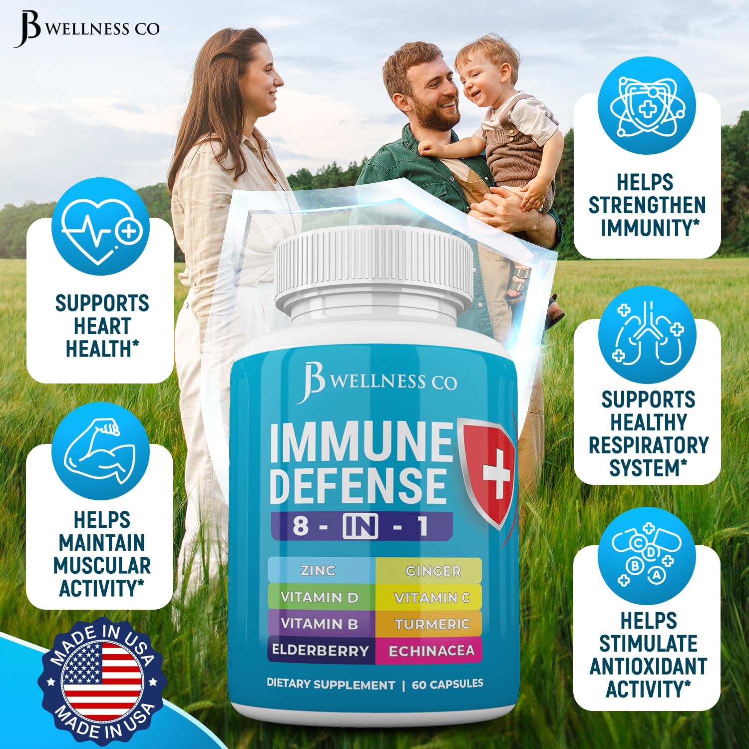 Frasco suplemento JB Wellness Co para inmunidad con jengibre y cúrcuma