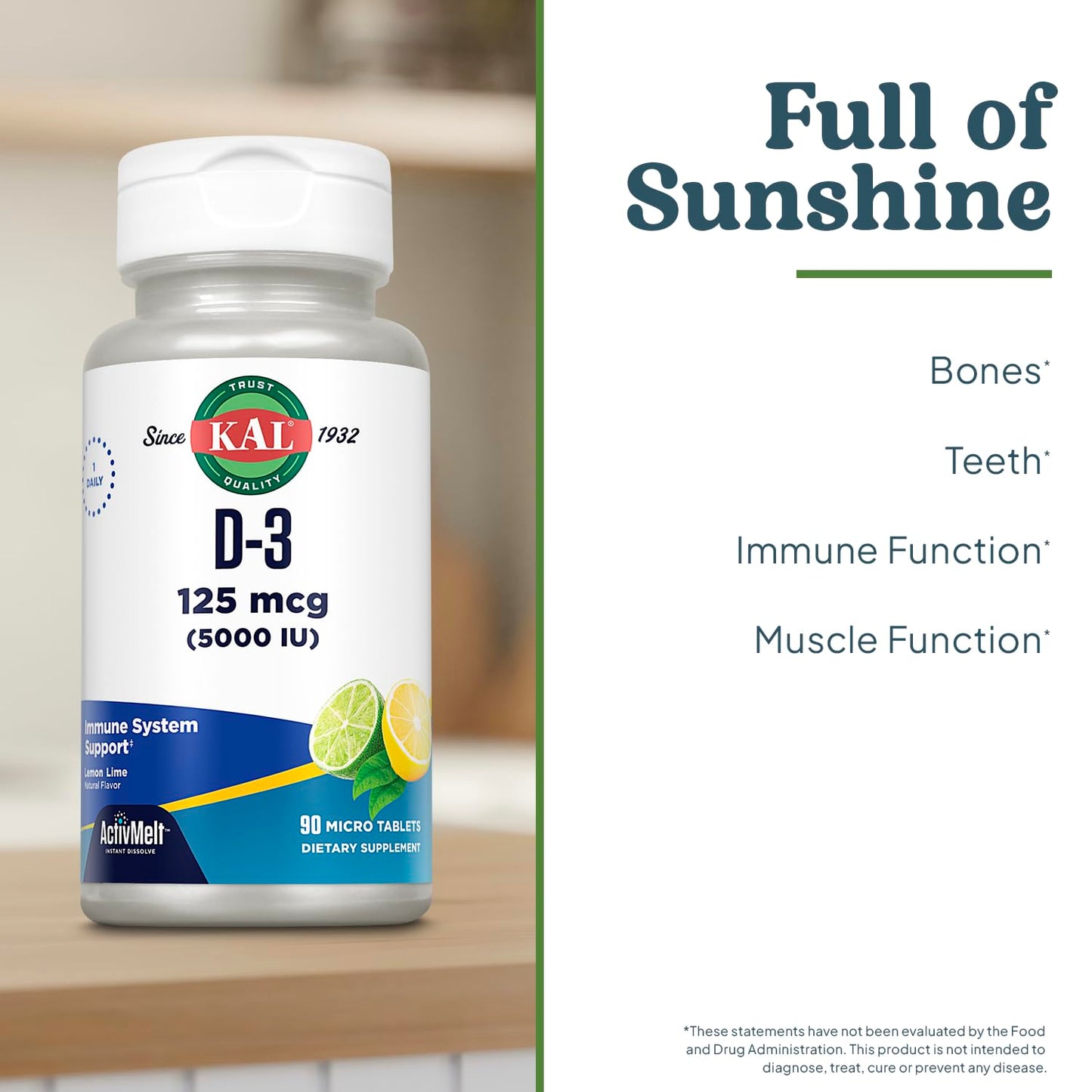 Frasco suplemento KAL vitamina d3 sabor limón lima