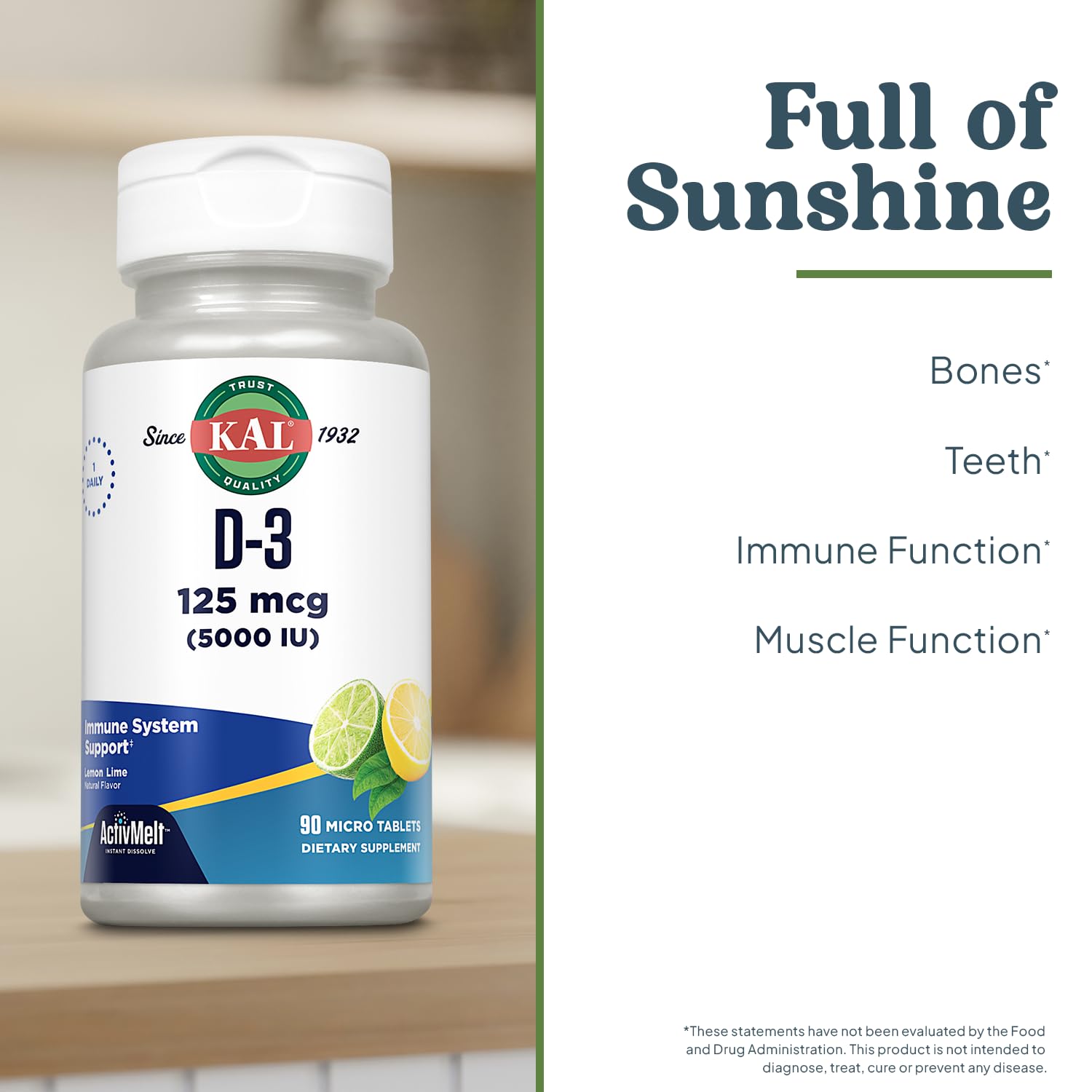 Frasco suplemento KAL vitamina d3 sabor limón lima