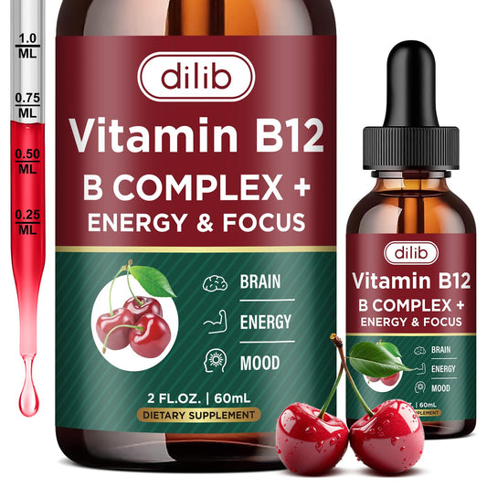 Frasco suplemento líquido complejo vitamina B12 vegano 2 oz