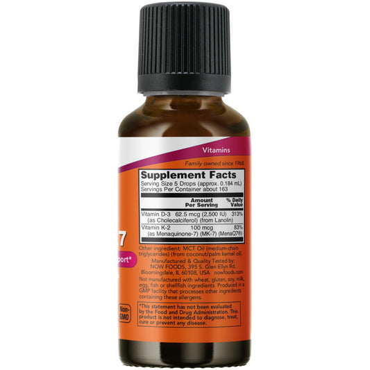 Frasco suplemento líquido NOW Foods vitamina D3 K2 sabor menta
