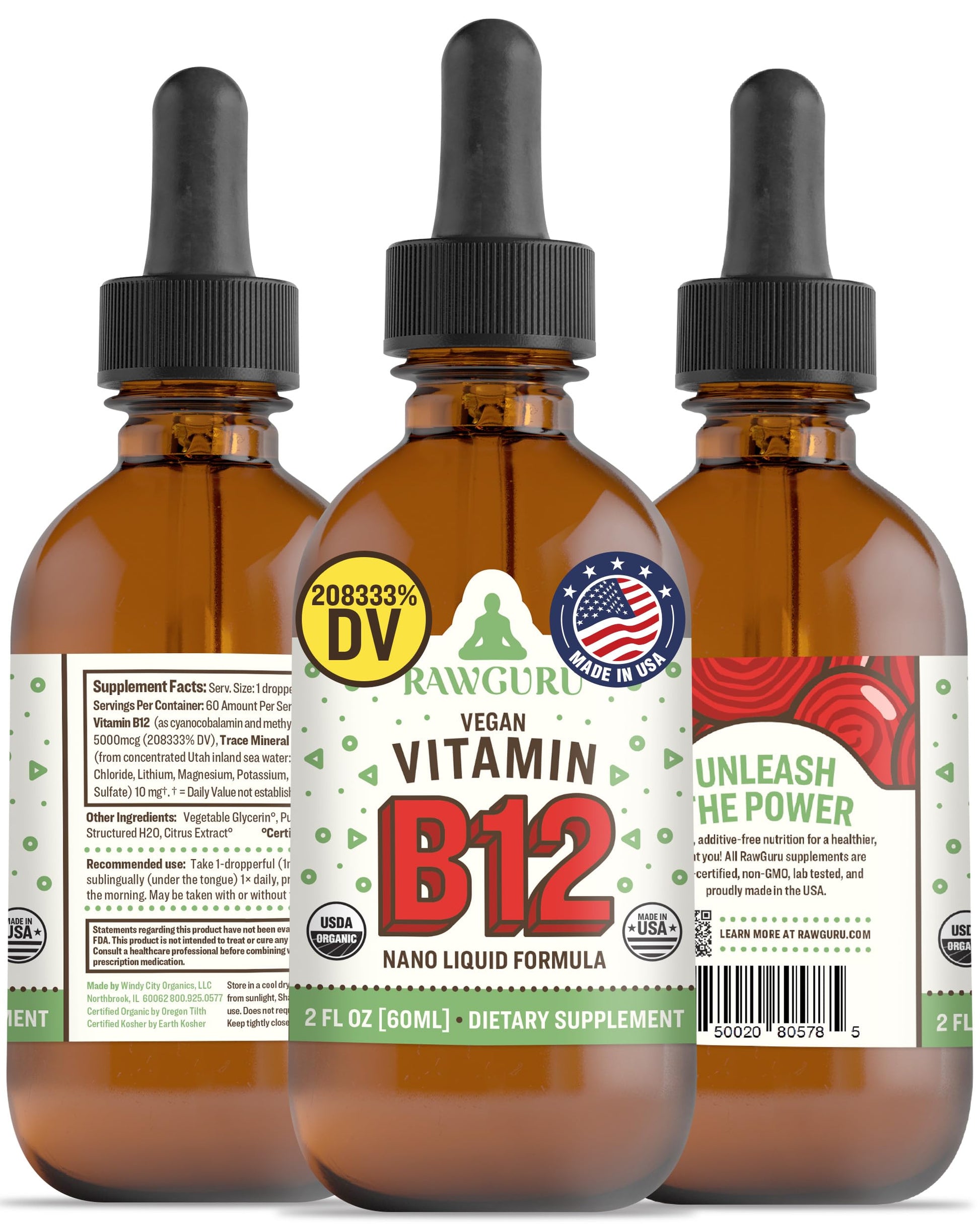 Frasco de suplemento líquido RawGuru vitamina B12 60 ml