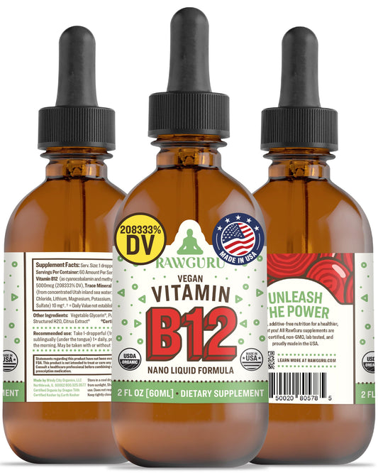 Frasco de suplemento líquido RawGuru vitamina B12 60 ml