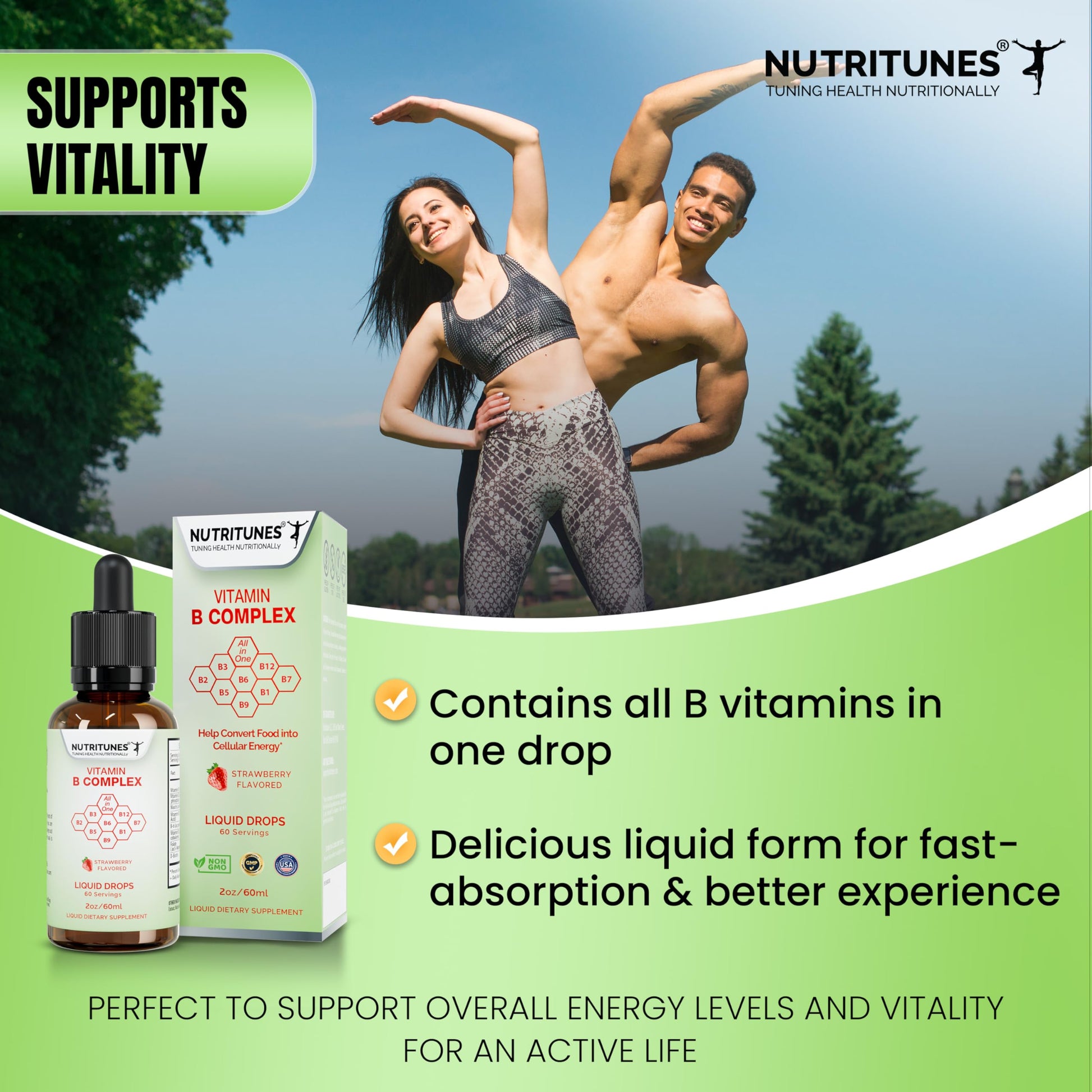 Frasco suplemento líquido Vitamina B complejo Nutritunes