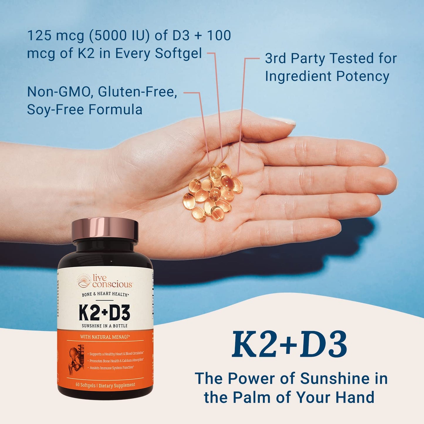 Frasco suplemento Live Conscious vitamina K2 y D3 para corazón