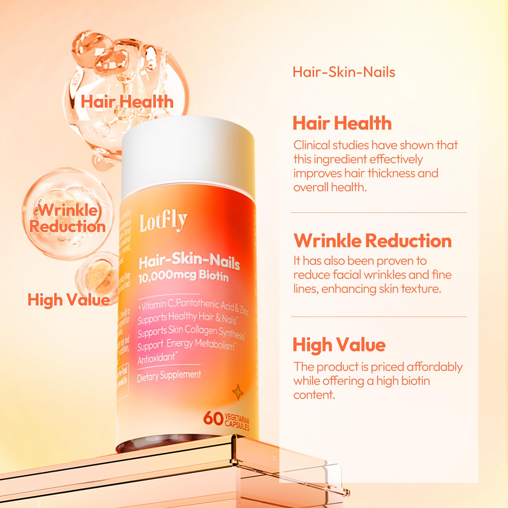 Frasco suplemento LOTFLY para piel y cabello fuerte