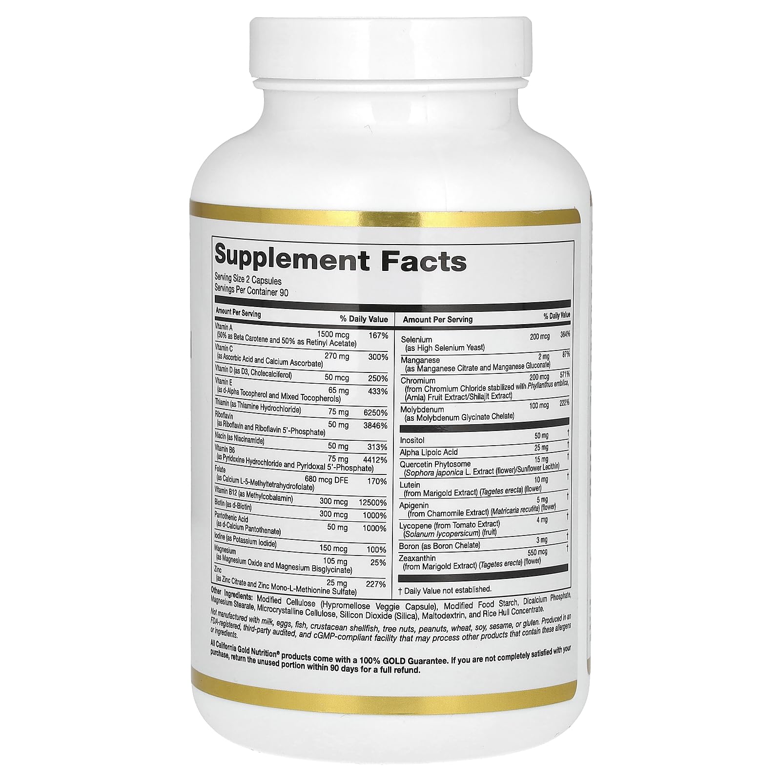 Frasco de suplemento multivitamínico Dos al Día California Gold Nutrition