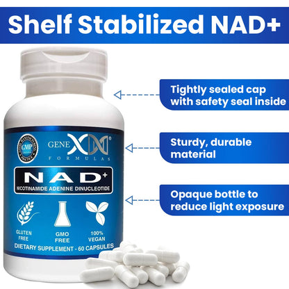 Frasco de suplemento NAD+ Genex Formulas con ingredientes naturales