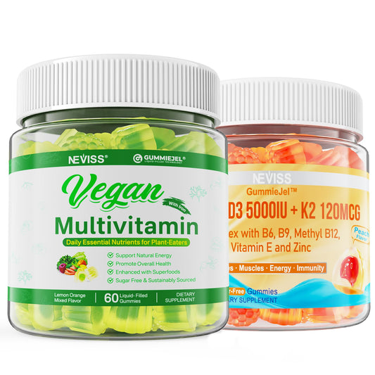 Frasco suplemento Neviss Vitamina D3 5000IU + K2 con multivitaminas