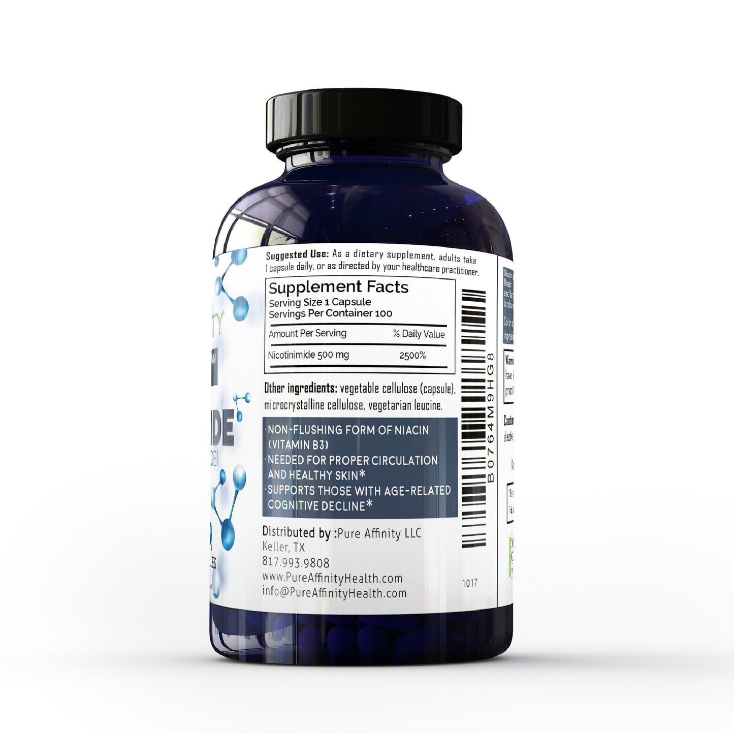 Frasco suplemento nicotinamida b3 500 mg pure affinity 100 caps
