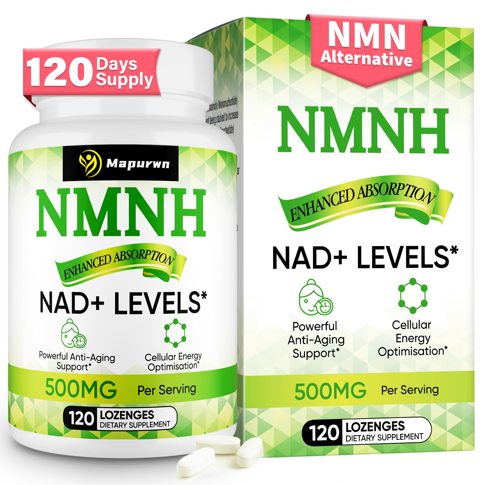 Frasco suplemento NMNH 500mg para NAD+ antienvejecimiento