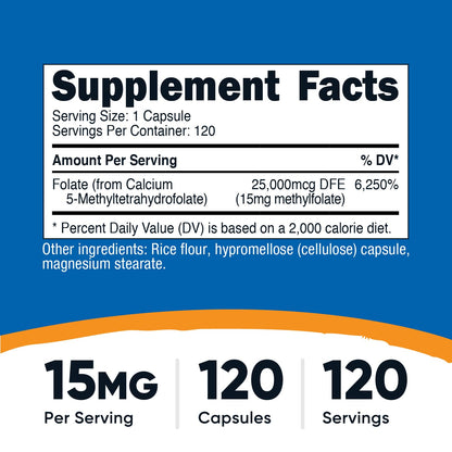 Frasco del suplemento nutricost l-metilfolato 15mg