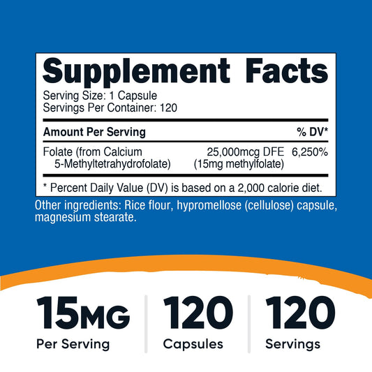 Frasco del suplemento nutricost l-metilfolato 15mg