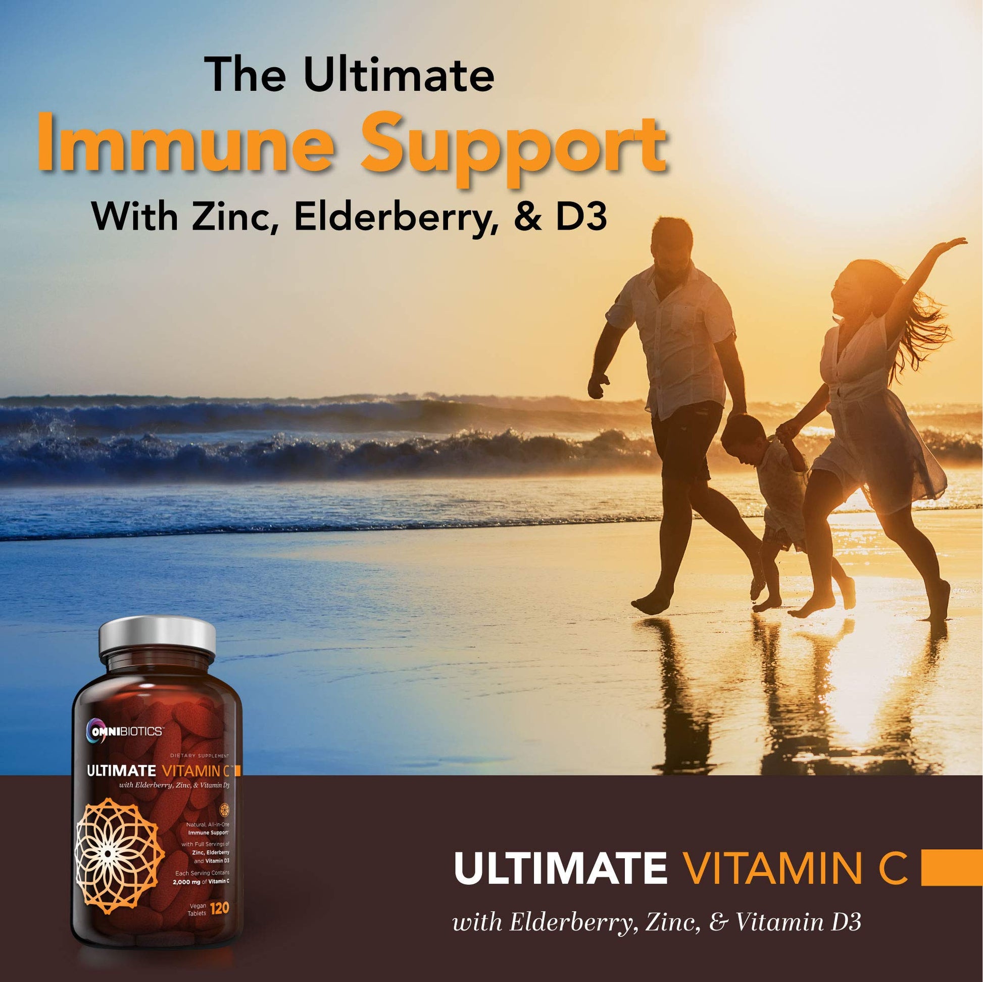 Frasco de suplemento OmniBiotics vitamina C y cúrcuma