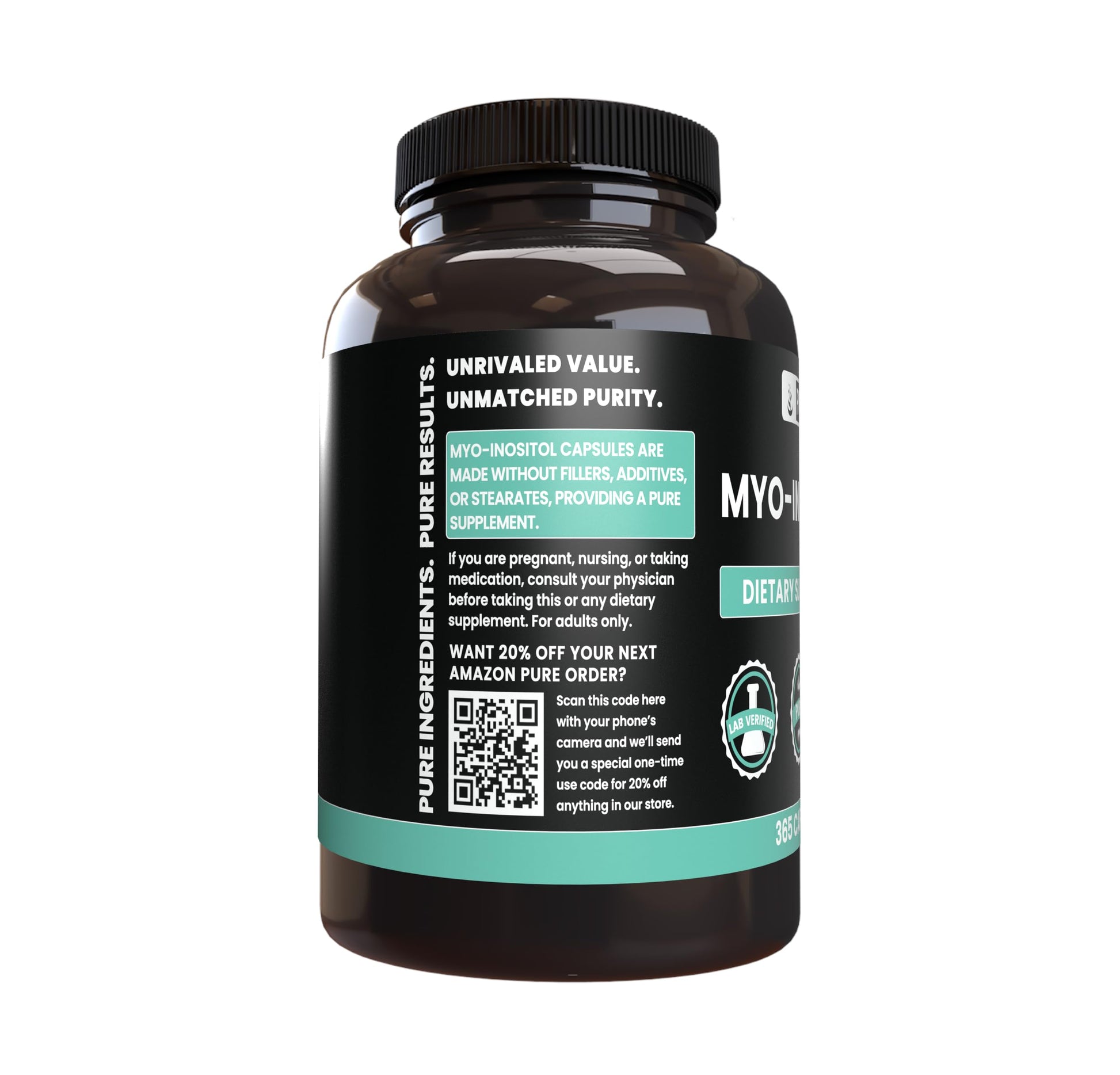 Frasco de suplemento puro mio-inositol sin rellenos ni magnesio