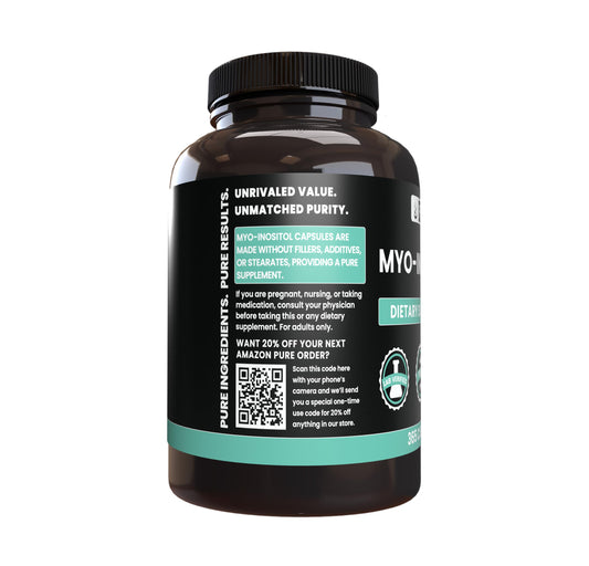 Frasco de suplemento puro mio-inositol sin rellenos ni magnesio