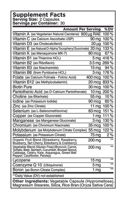 Frasco de suplemento de multivitaminas con soporte inmune natural.