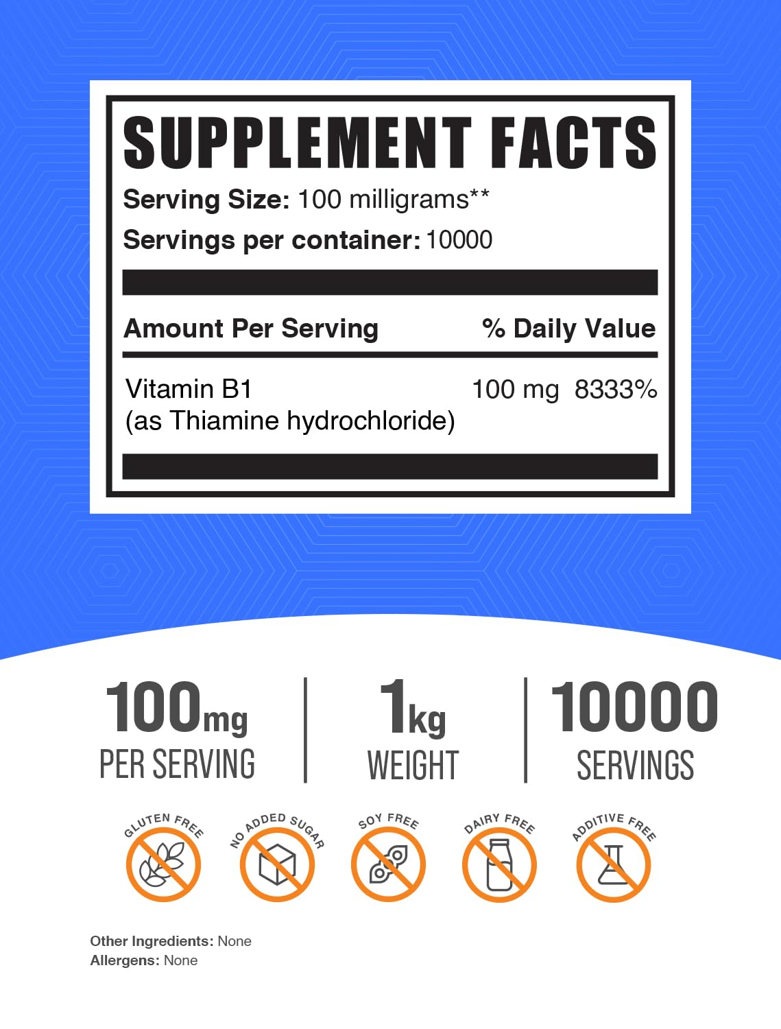 Frasco de suplemento de tiamina vitamina B1 BulkSupplements polvo 1kg