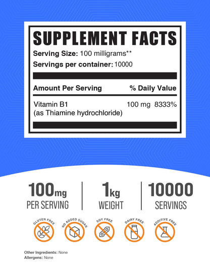Frasco de suplemento de tiamina vitamina B1 BulkSupplements polvo 1kg