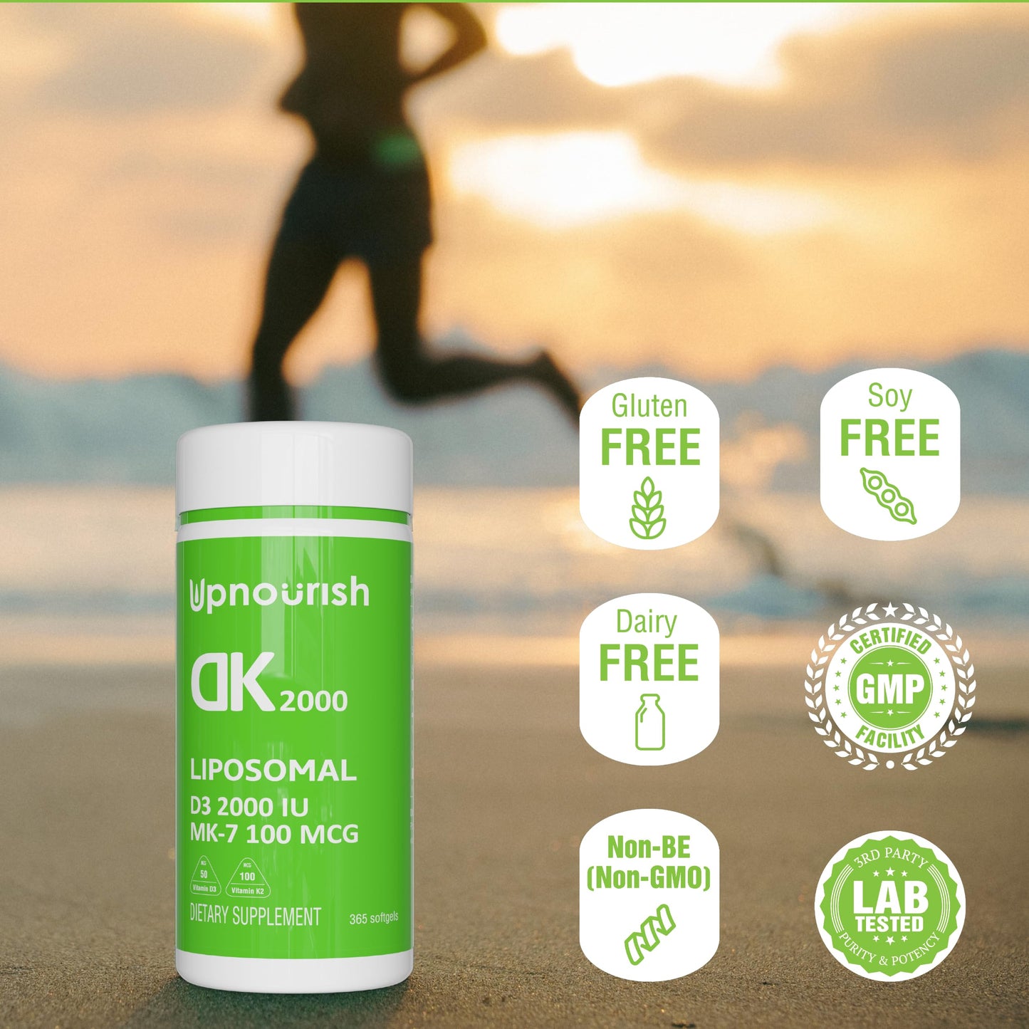 Frasco suplemento UpNourish D3 K2 liposomal 365 cápsulas