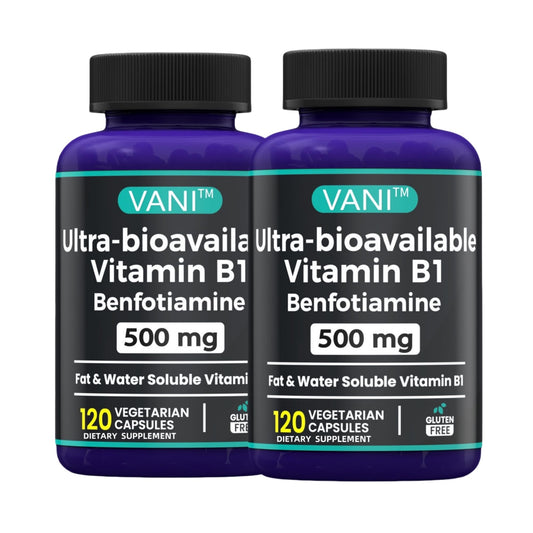 Frasco de suplemento VANI vitamina B1 con Benfotiamina