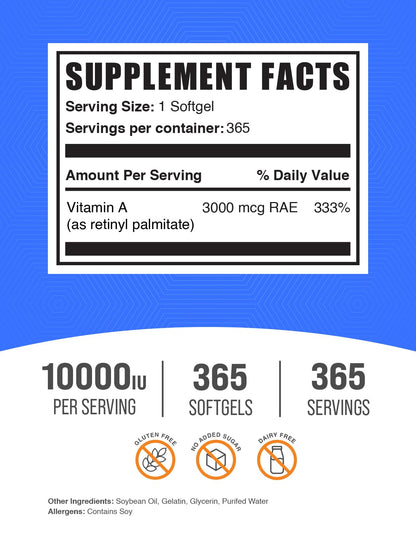 Frasco suplemento vitamina a 10000 iu apoya salud ocular BulkSupplements