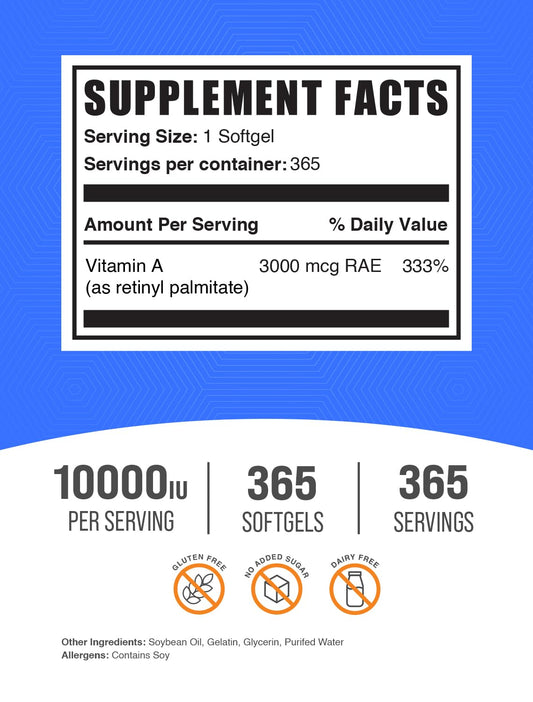 Frasco suplemento vitamina a 10000 iu apoya salud ocular BulkSupplements