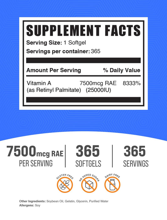 Frasco suplemento vitamina a 25000 iu apoya salud ocular BulkSupplements