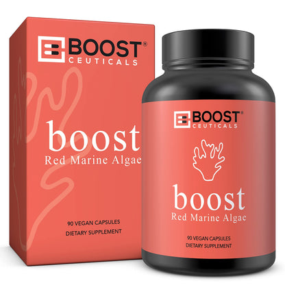 Frasco de suplemento vitamina alga roja con cápsulas quercetina