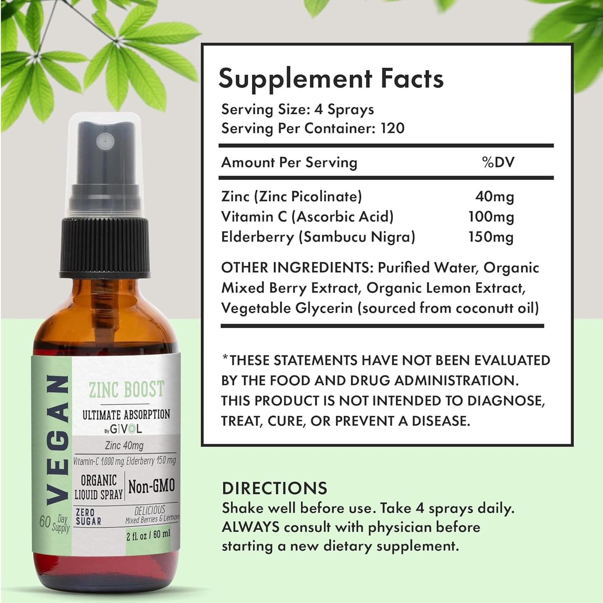Frasco suplemento vitamina B12 y zinc spray vegano GIVOL