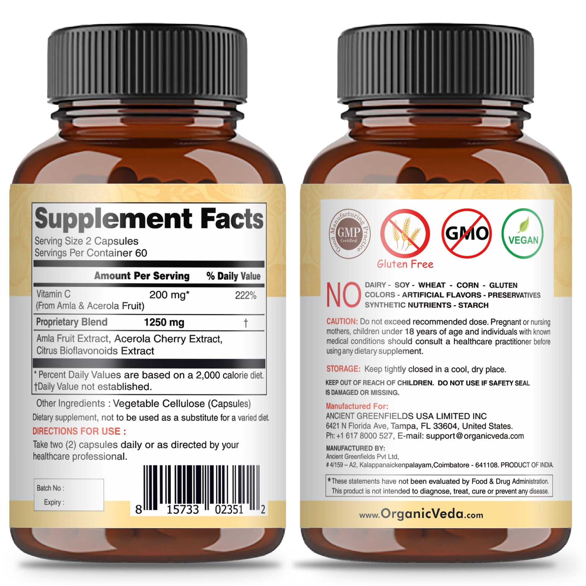 Frasco suplemento vitamina c Organic Veda 120 cápsulas veganas