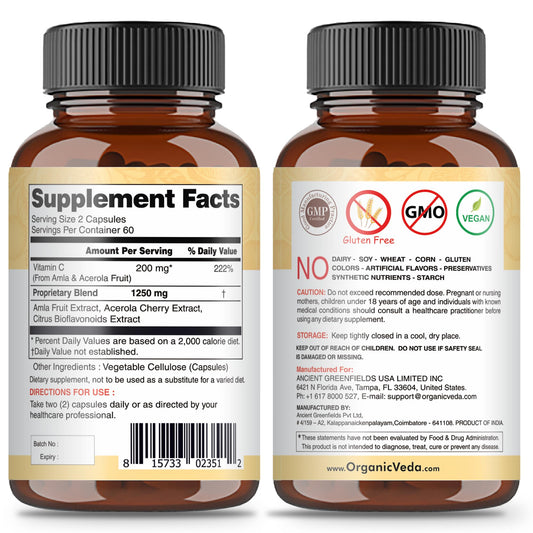 Frasco suplemento vitamina c Organic Veda 120 cápsulas veganas