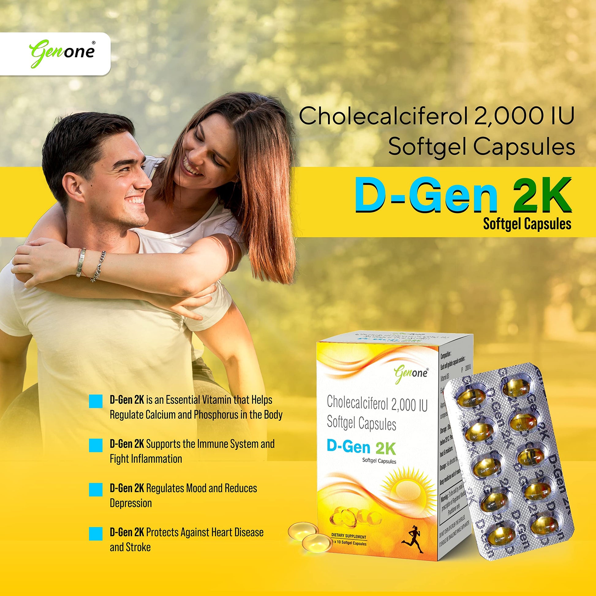 Frasco suplemento vitamin d3 genone dgen 2k para salud y inmunidad