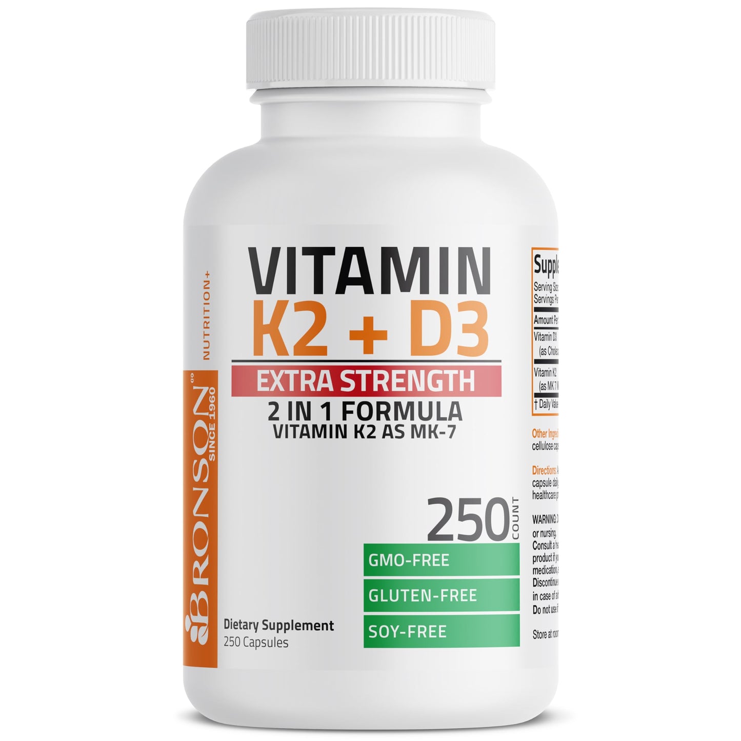 Frasco suplemento suplemento vitamina D3 vitamina K2 MK-7 Bronson 250 cápsulas