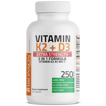 Frasco suplemento suplemento vitamina D3 vitamina K2 MK-7 Bronson 250 cápsulas