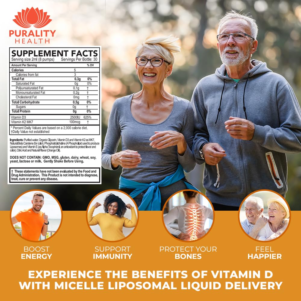Frasco suplemento vitamina d3 y k2 Purality Health de 2 onzas