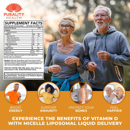 Frasco suplemento vitamina d3 y k2 Purality Health de 2 onzas