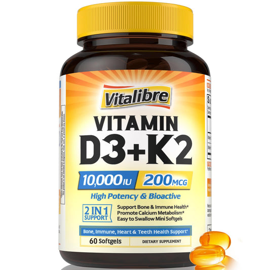 Frasco de suplemento vitamina D3 K2 Vitalibre 60 cápsulas