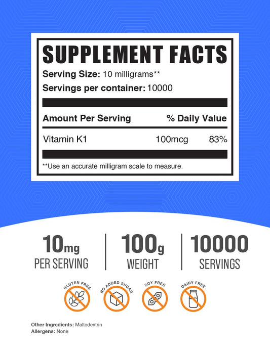 Frasco suplemeto vitamina k1 bulkSupplements 100 gramos