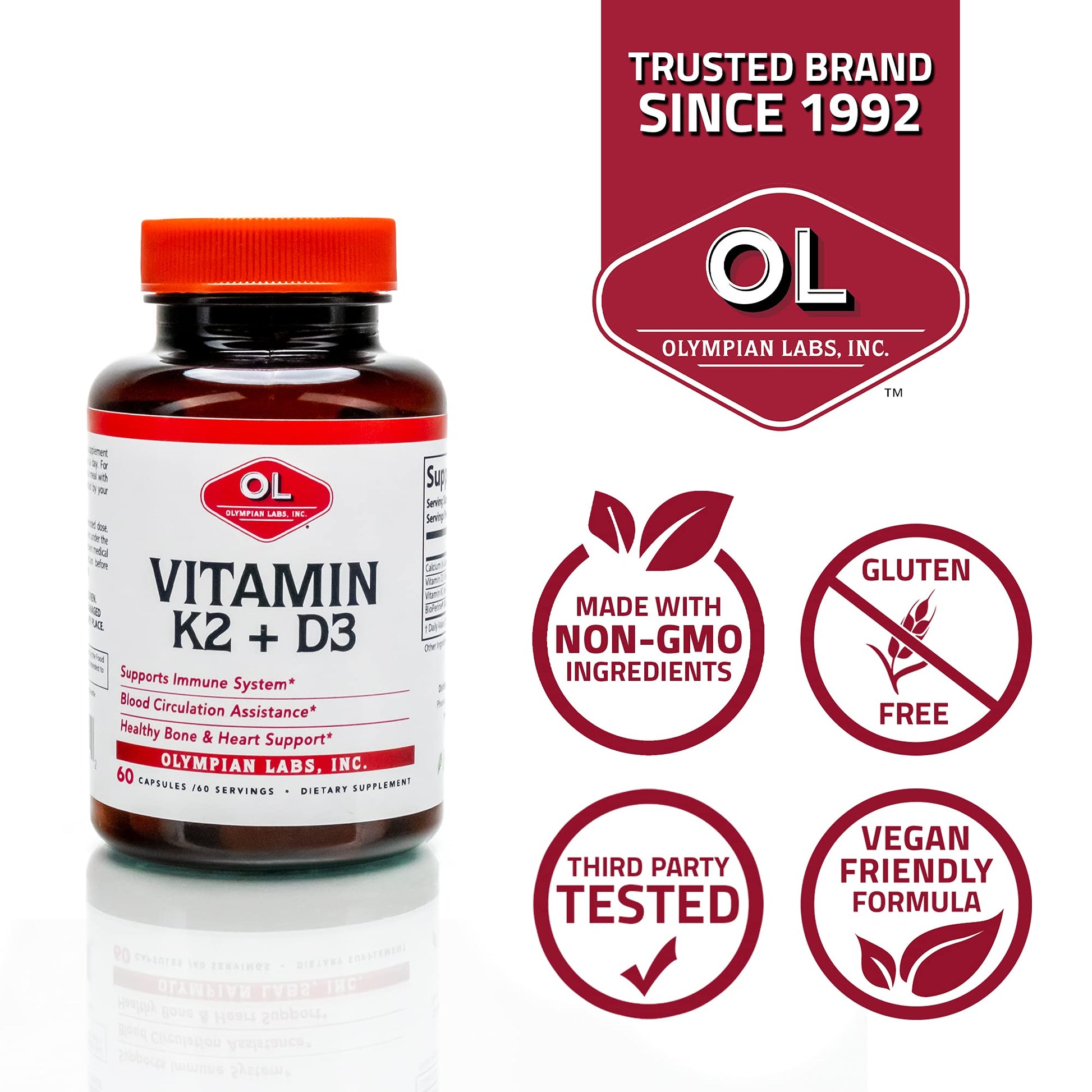 Frasco suplemento vitamina K2 D3 Olympian Labs vista lateral