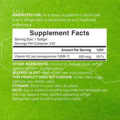 Frasco suplemento Vitamina K2 MK-7 cápsulas blandas