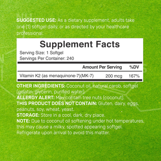 Frasco suplemento Vitamina K2 MK-7 cápsulas blandas